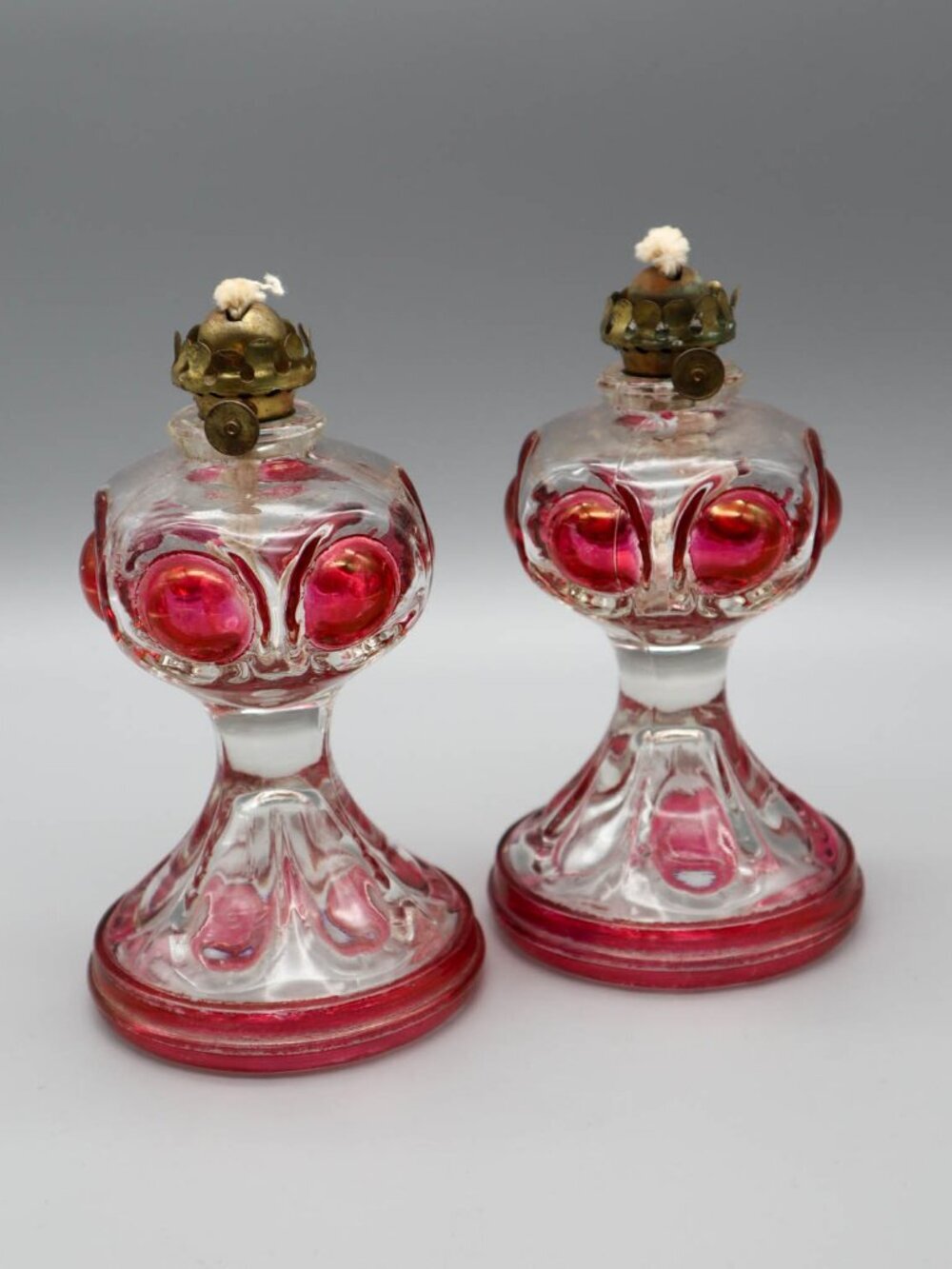 Vintage King's Crown Ruby Thumbprint / Bullseye Pressed Glass Miniature Oil Lamp